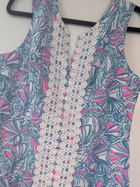 Lilly Pulitzer Pink & Aqua Floral Shift Dress “My Fans” 20th anniversary dress
